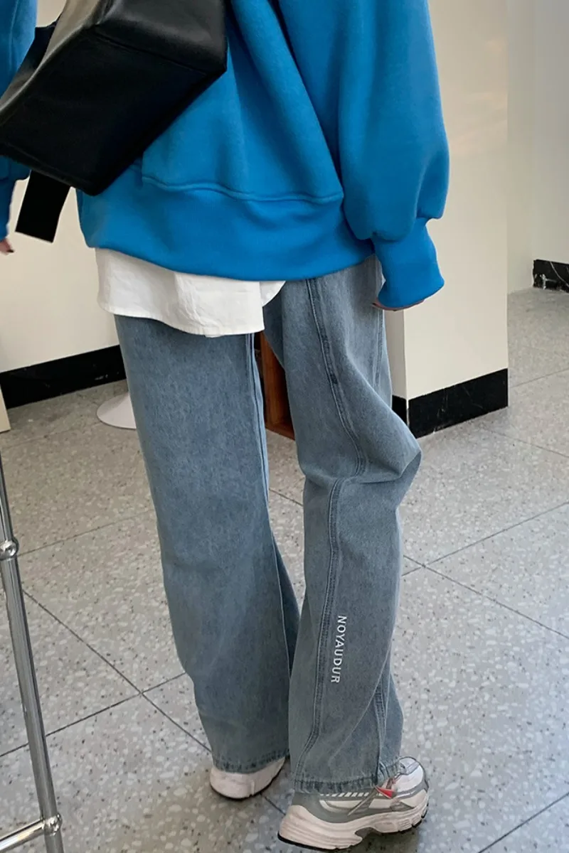 

Washed All-match Long Denim Trousers for Women Embroidery Letter Loose Straight Jeans Casual Students Daddy Pants