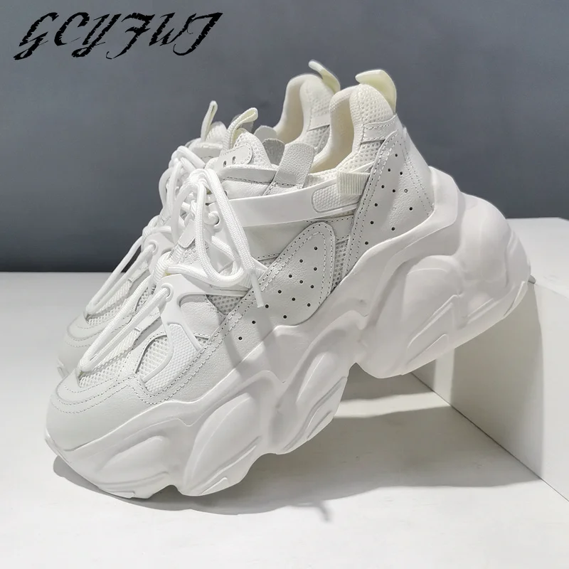 

Women Sneakers Solid Color Round Toe Lace-Up Increase Flat Platform Ladies Shoes Thick Bottom Breathable Outdoor Female Sneakers