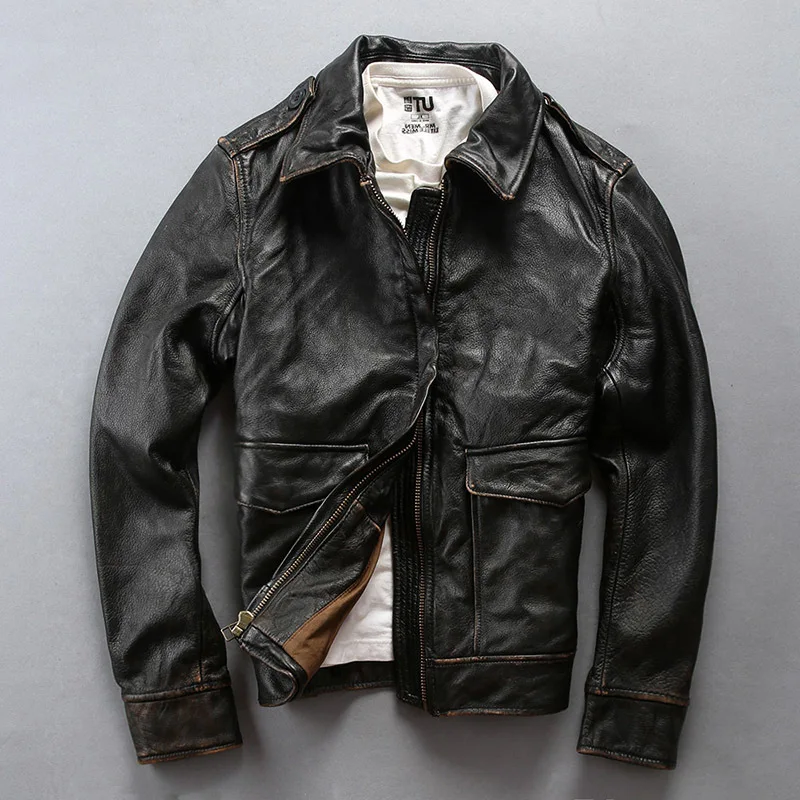 

Мужская винтажная кожаная куртка AVFLY, черная мотоциклетная куртка с лацканами из первого слоя коровьей кожи, зимнее байкерское пальто для в...