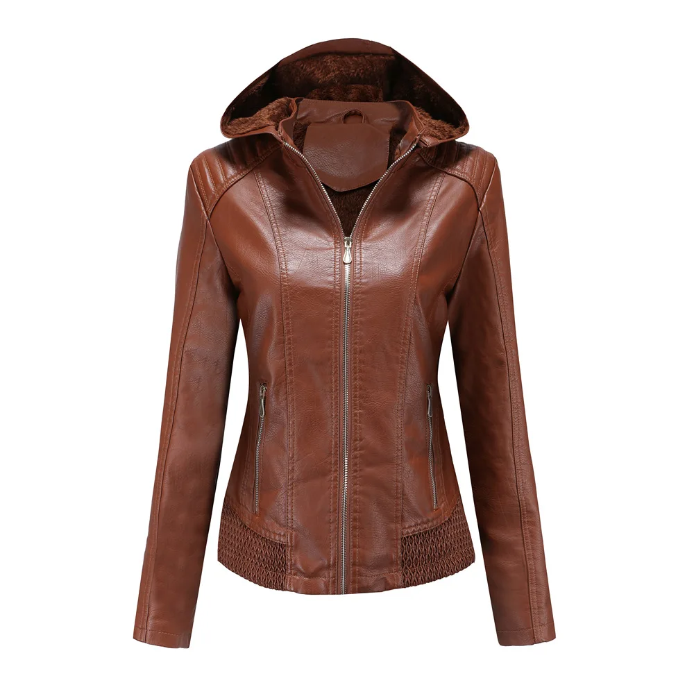 2020 New Autumn And Winter Women's Detachable Hooded Leather Jacket European American Fashion Plush Warm