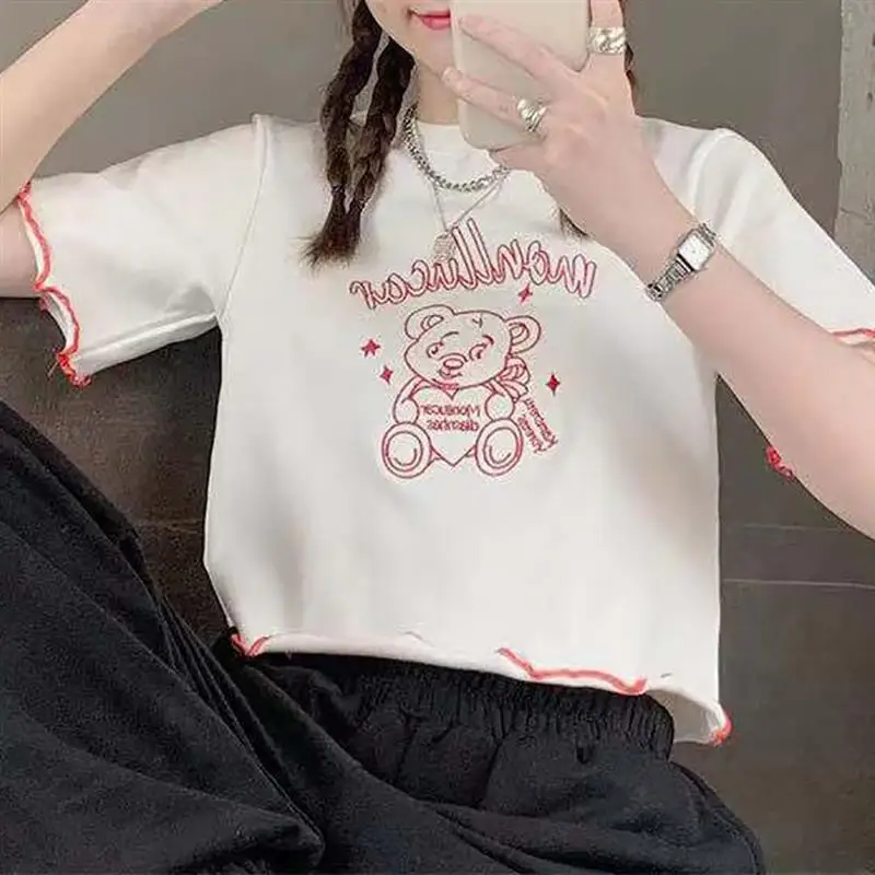 

Летняя женская футболка с открытым пупком Y2K, с мультяшным медведем, рандомный укороченный топ с круглым вырезом, футболка для вечеринки, по...