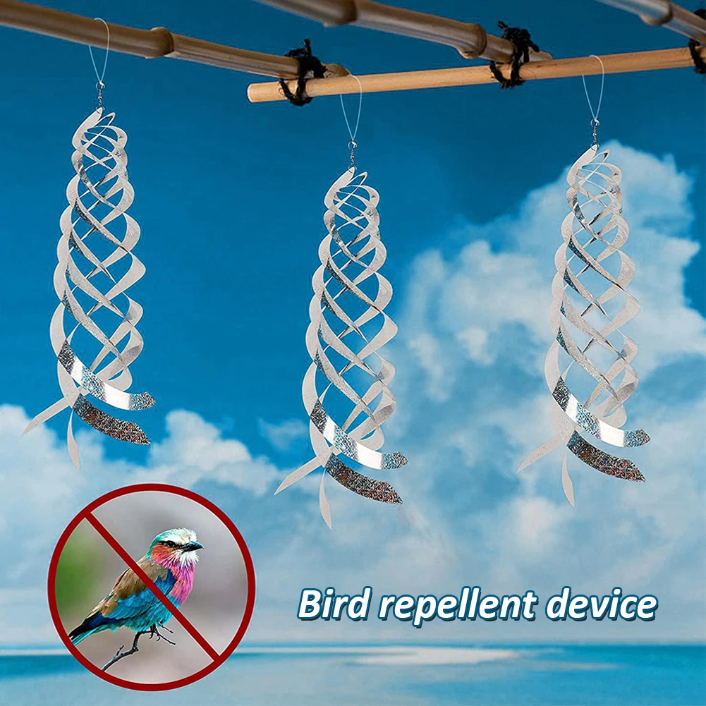 

4PCS Bird Repeller Rotating Rod Bird Spiral Reflectors Hanging Bird Repellent Device Garden Mylar Spinner Decor Silver