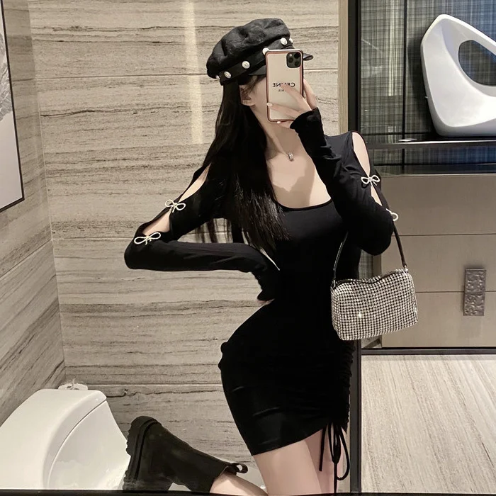 

Autumn Sexy Pure Long Sleeve Ruffle Hip DressNuyoah
