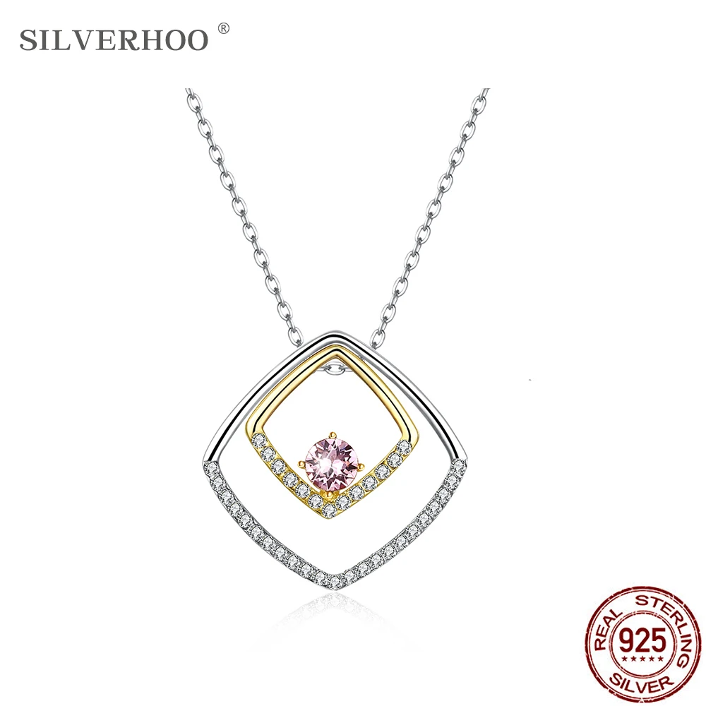 

SILVERHOO 925 Sterling Silver Necklace For Women Double Square Austria Crystal Pendant Chains Necklace Party Fine Jewelry New