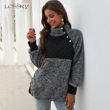 Lossky Sweatshirts Women Long Sleeve Patchwork Color Fahsion Autumn Winter Pullover Black Ladies Plush Warm Tops Clothing 2020