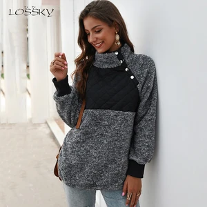 lossky sweatshirts women long sleeve patchwork color fahsion autumn winter pullover black ladies plush warm tops clothing 2020 free global shipping