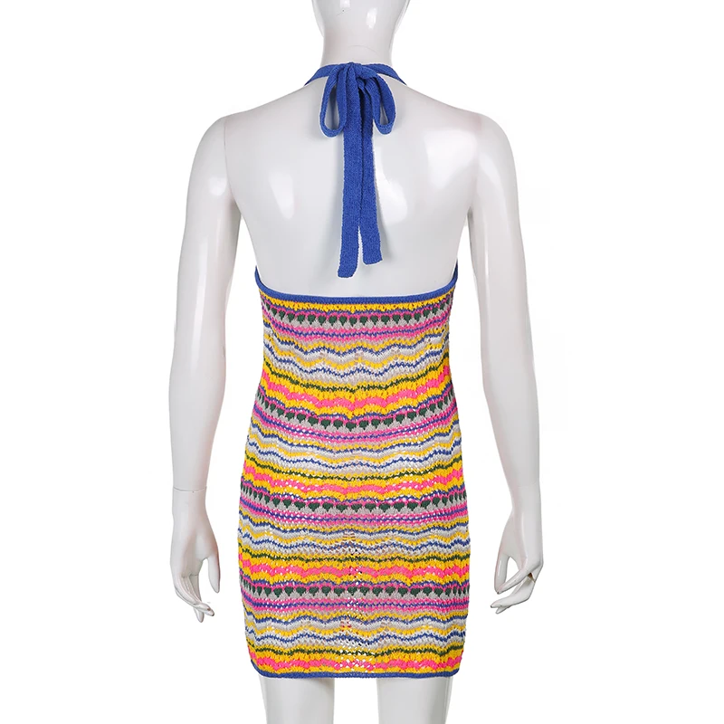 

Rainbow Striped Knit Y2K Halter Dress Women Sexy Backless 2021Summer Sleeveless Short Bodycon Sundress Beach Mini Party Dresses