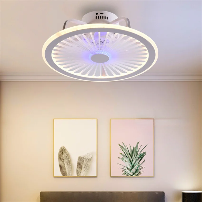 

Ventilador de techo de hierro pintado en blanco, moderno y minimalista, decoracion de cristal claro, iluminacion LED acrilica