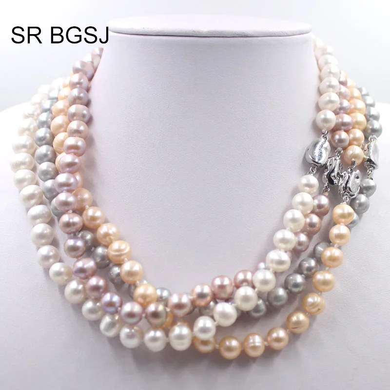 

Free Shipping 8-9mm White Pink Purple Gray Round Cultured Ntural Pearl Beaded Women Choker Pearl Necklace 19"