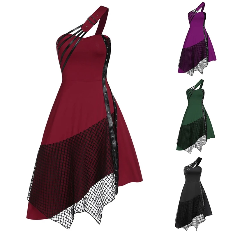 

Gothic Vintage Off Shoulder Mesh Stitching Irregular Hem Midi Dress Women's Dresses Halloween Party Dress Vestido De Mujer
