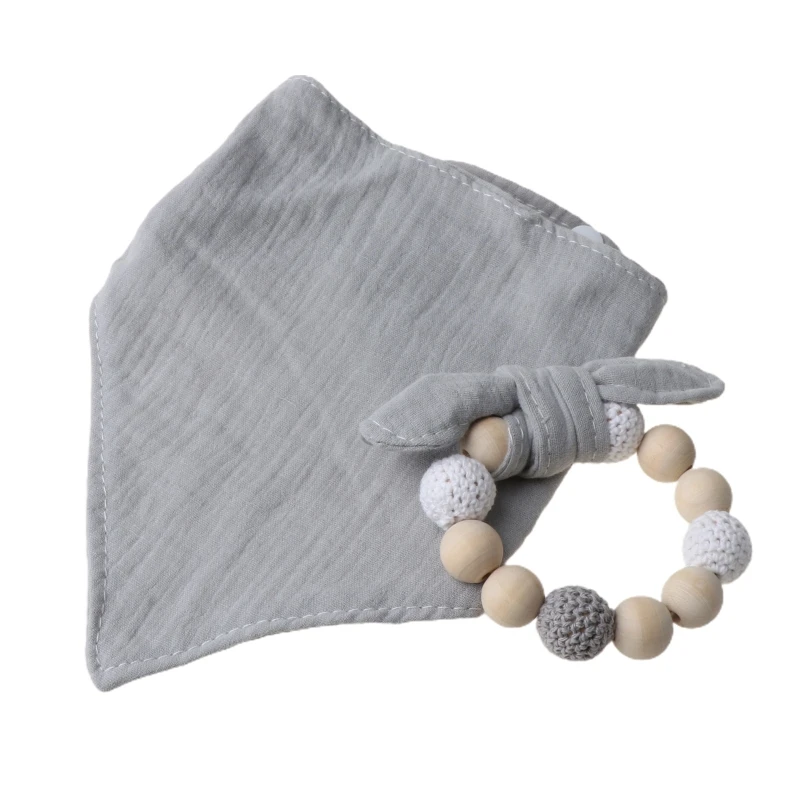 

2Pcs Baby Cotton Bibs Wooden Wristband Teether Saliva Towel Triangle Scarf Toy