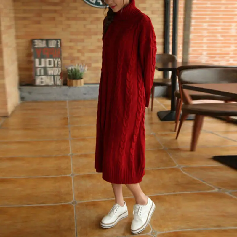 Edition Thickened High-collar Sweater Long Skirt Women's Super-long Knee Knitted Dress Tide over Loose Wharf | Женская одежда