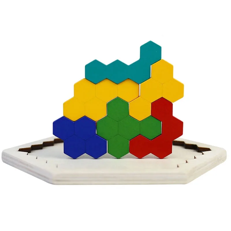 

14 PCs Wooden Hexagon Puzzle Brain Teasers for Kids Geometric Logic Tangrams Challenge Blocks for All Ages