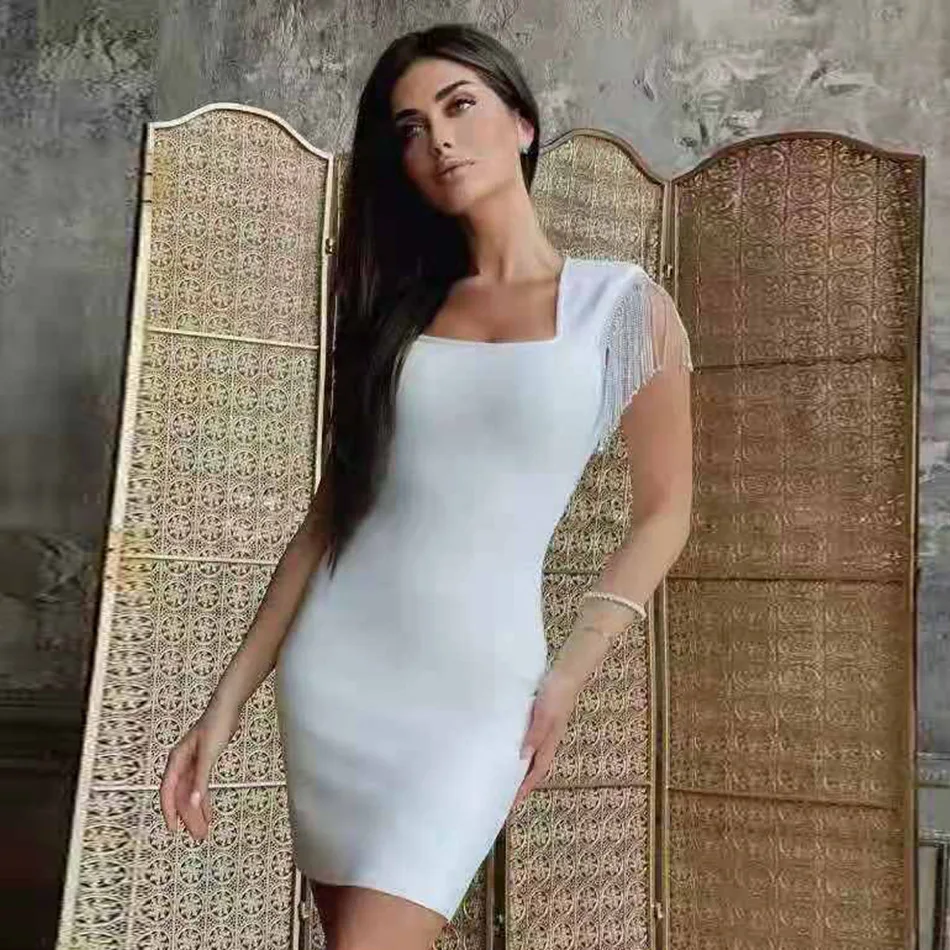 

Women Sexy Bodycon Wrap Dress, Square Collar Short Sleeve Tassels One-pcs, Black/ White