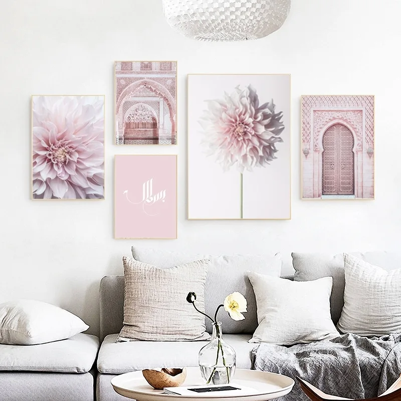 

Modern Elegant Pink Dahlia Architecture Decorative Canvas Painting Wall Poster Picture For Living Room Decoration Wall Decor