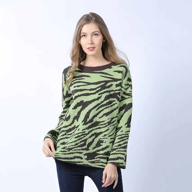

Zebra Print Pullovers Sweatshirts Women Fall Winter 2021 Long Sleeve Knitted Warm Casual O-Neck Female Long Tops 2021