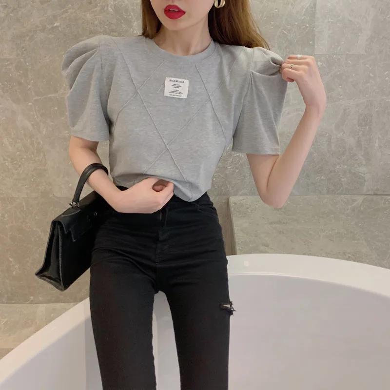 

Summer Short T-shirt Short-Sleeved 2021 New Puff Sleeve Ladies Top Niche Temperament Solid Color All-Match Bottoming Shirt