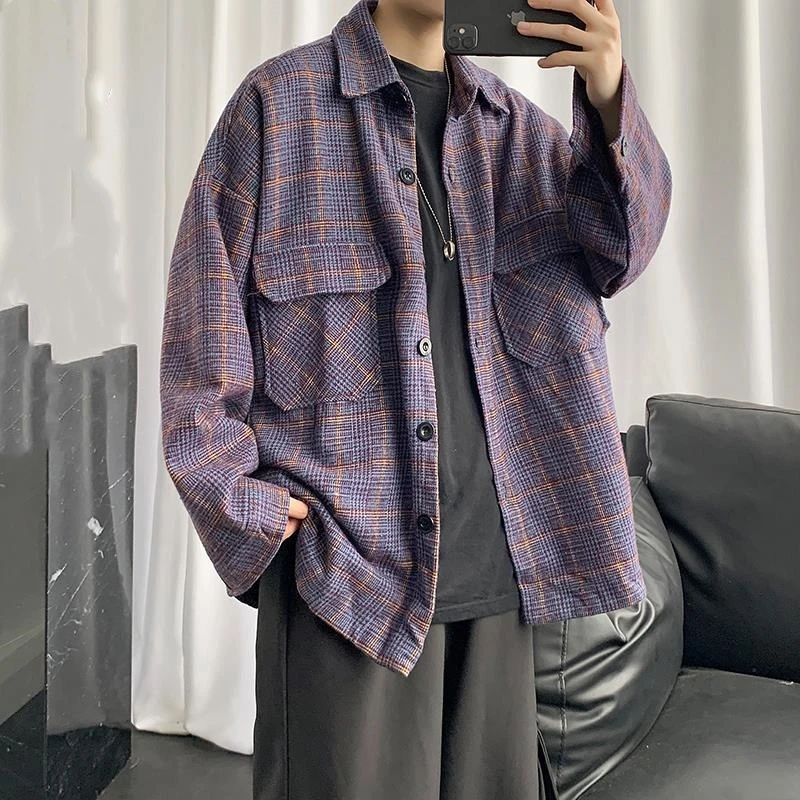 

Spring New Fashion Purple Men's Plaid Shirt Thick Loose Retro Long Sleeve All-match Harajuku Button Up Shirt Korean Clothes