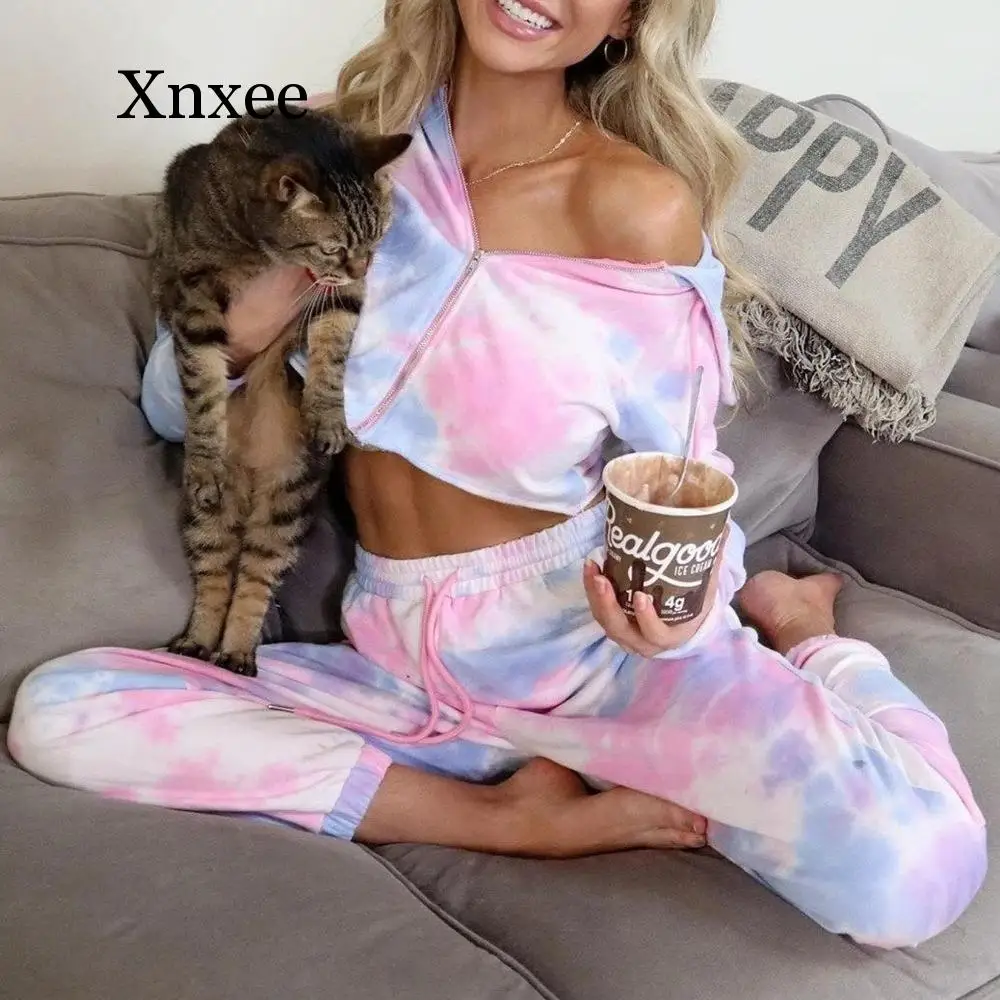 

Female Autumn Zipper Dyeing Crop Sweatshirt Tie-dye Track Pants Set Women Street Two Piece Sweatpants pink biker gym Outfits