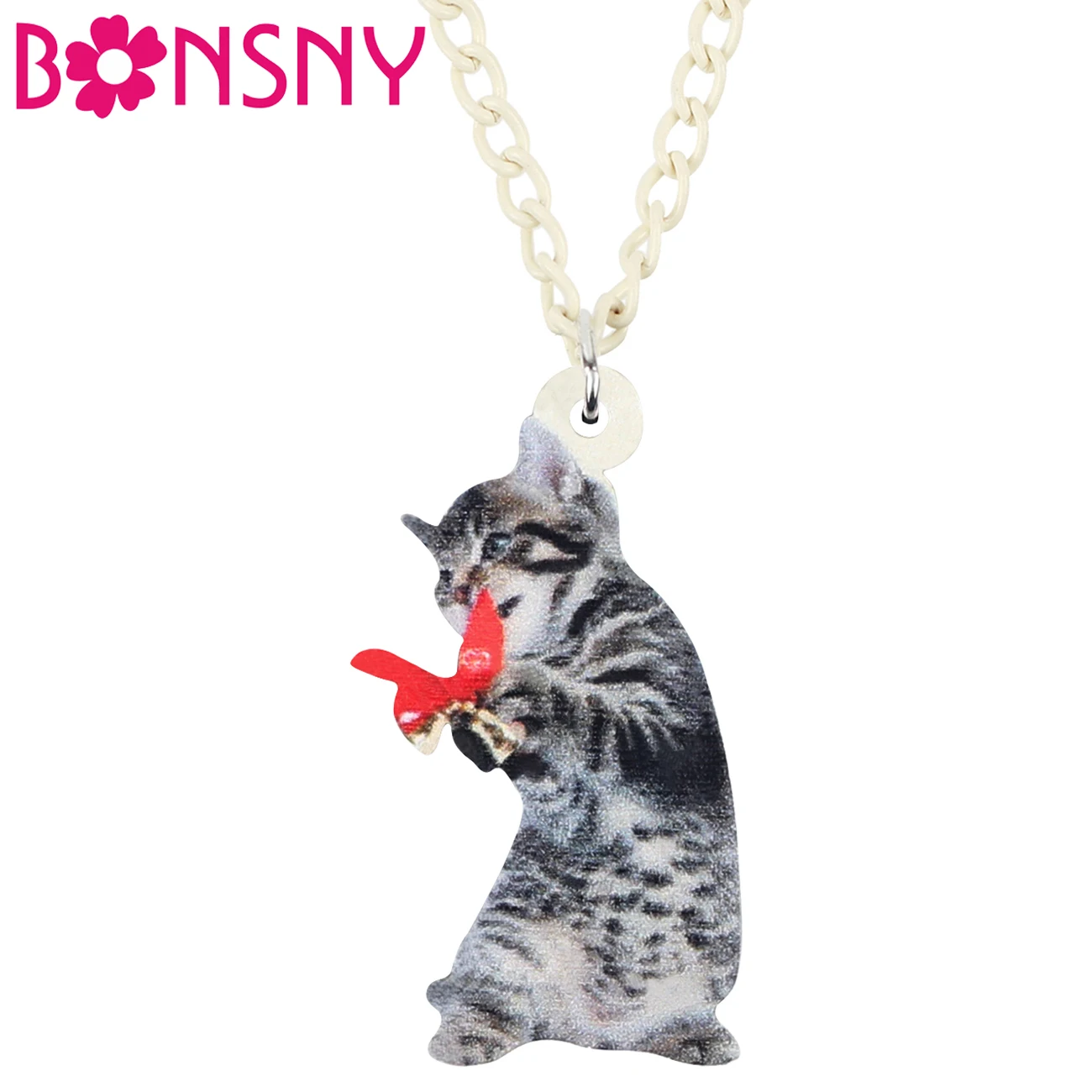 

Bonsny Acrylic Christmas American Short Hair Cat Kitten Necklace Pendant Chain Animal Jewelry For Women Girl Teen Gift Accessory