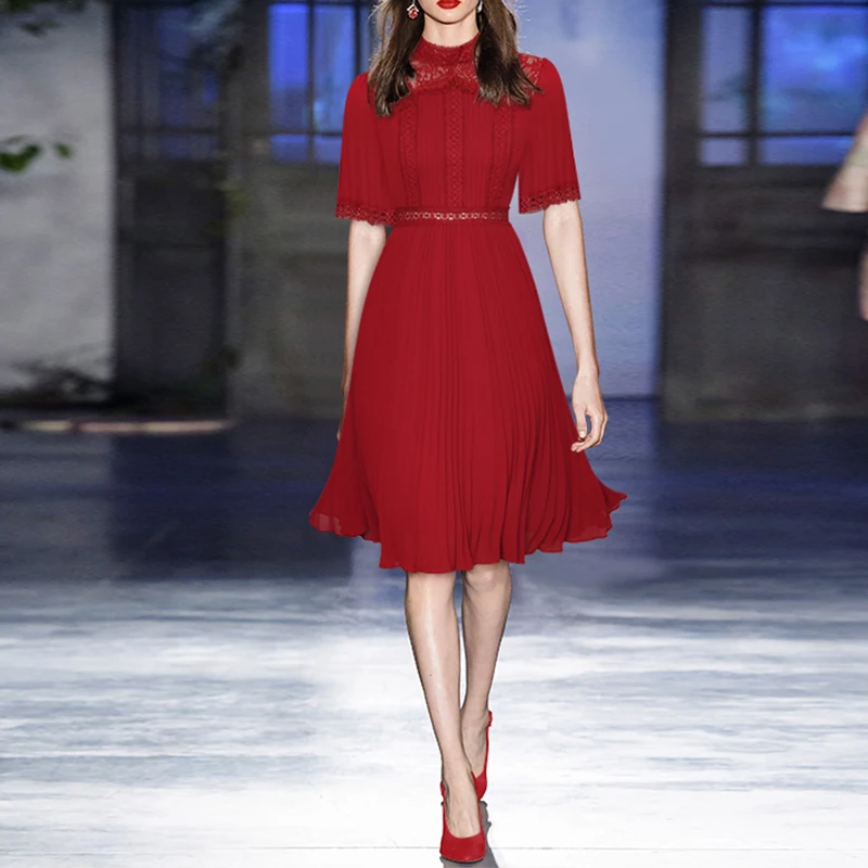 

2021 Summer New Dress Fashion Design Runway Black Red Lace Hollow Out Elegant High Quality Pleated Dresses