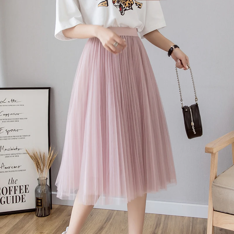 

HiloRill Women Elegant Lace Mesh Pleated Skirts 2021 Elastic High Waist Chic Skirt Solid Color Casual Midi Skirt Jupe Femme