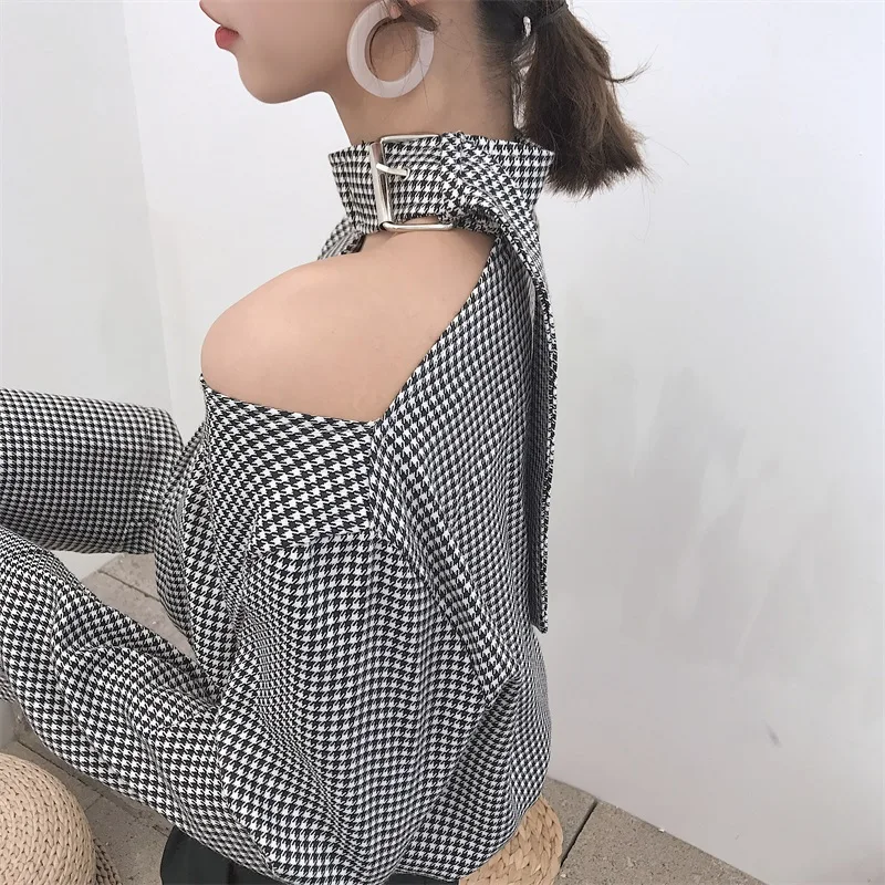 

JESSIC Spring Vintage Style Women Hollow Out Blouses Ladies Off Shoulder Tops Halter Houndstooth Shirts Plus Size