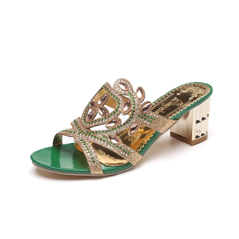 

Women's rhinestone sandals thick heel hollow slippers women open toe women's shoes FS21S33