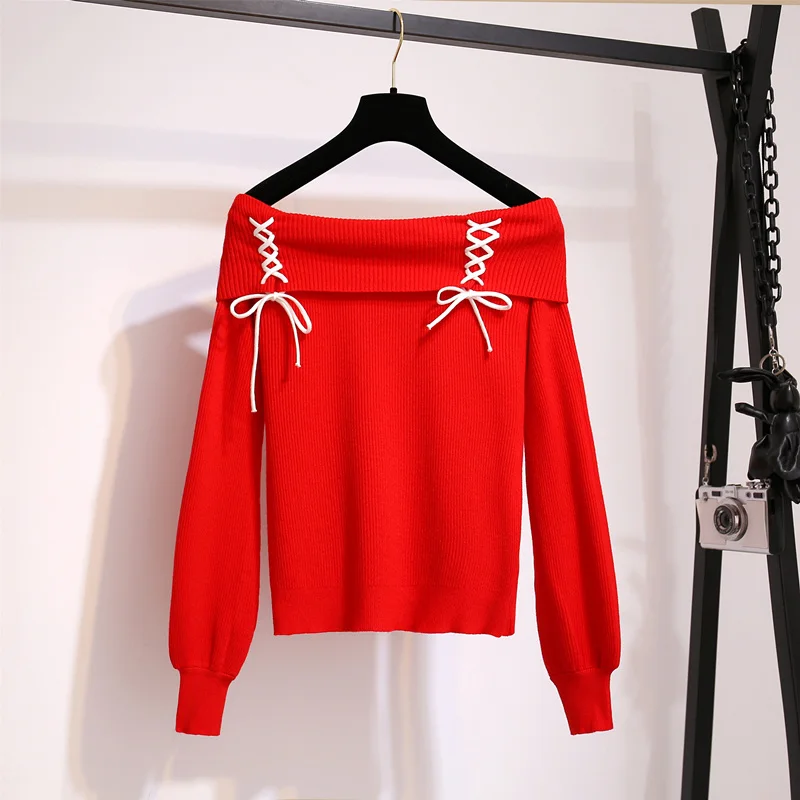 Red sweater Кавайный розовый свитер на шнуровке с открытыми плечами, женский осенне-зимний вязаный свитер с длинным рукавом в стиле Лолиты, пуловеры, джемперы для девушек - Цвет: Red sweater