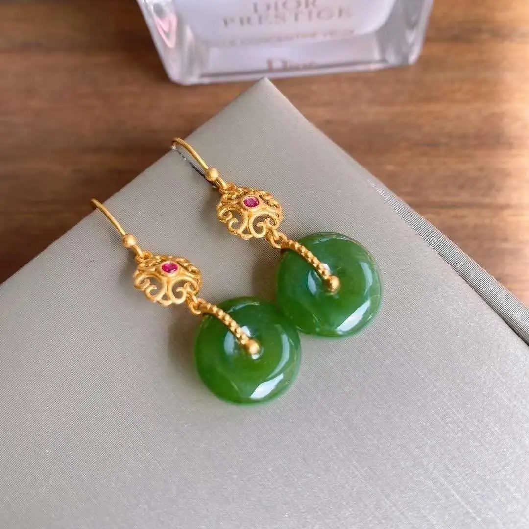 

Retro Style S925 Sterling Silver Inlaid Natural Hetian Gray Jade Safety Buckle Earrings Good Luck Simple Hollow Generous