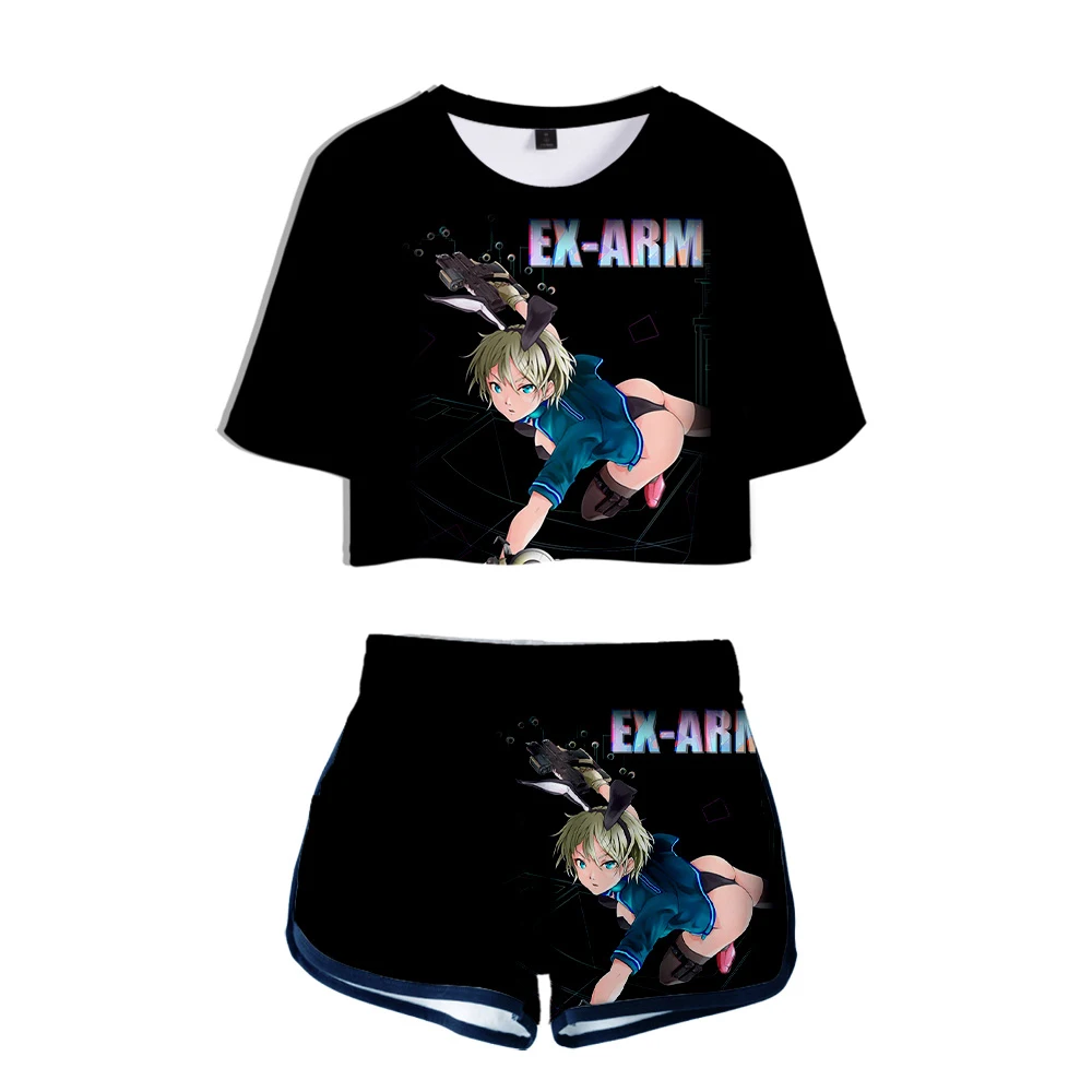 

New Anime EX-ARM Japanese Cartoon HiRock Alma 3D Tracksuits Women Two Pieces Sets Feamle Harajuku 3D Crop Top T Shirt + Shorts