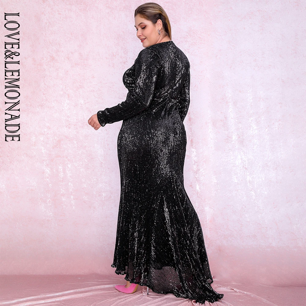 

LOVE&LEMONADE Sexy Plus Size Black 0-Neck Elastic Pleated Sequins Fishtail Shape Party Mix Dress LM81320PLUS