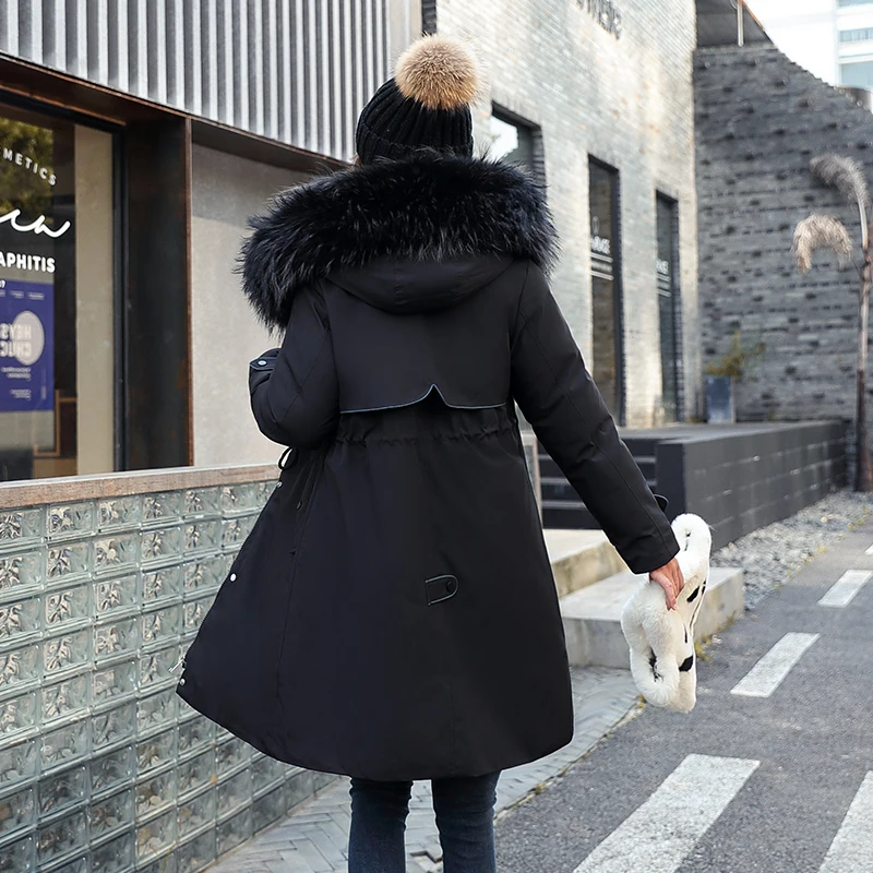 Women's Parka Hooded with Fur Wool Liner Ladies Long Winter Down Jacket Thick Zipper Pockets Solid Padded Coats for Female 2021
