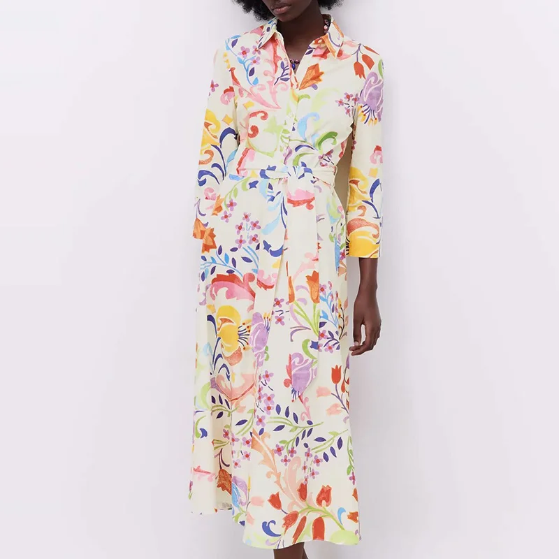 

Женское платье-рубашка с длинным рукавом и геометрическим принтом