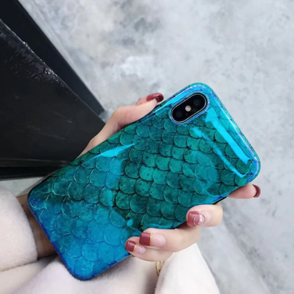 Special Style - Laser Blue Glow Fish Scale Phone Case For iPhone 11 Pro Max XR XS Max X 8 7 6 6S Plus soft IMD phone back cover