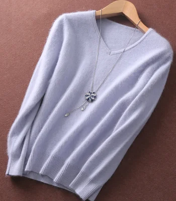 

Soft Warm Fluffy Mink Cashmere Fur V-neck Sweaters and Pullovers for Women Autumn Winter free shipping S1950
