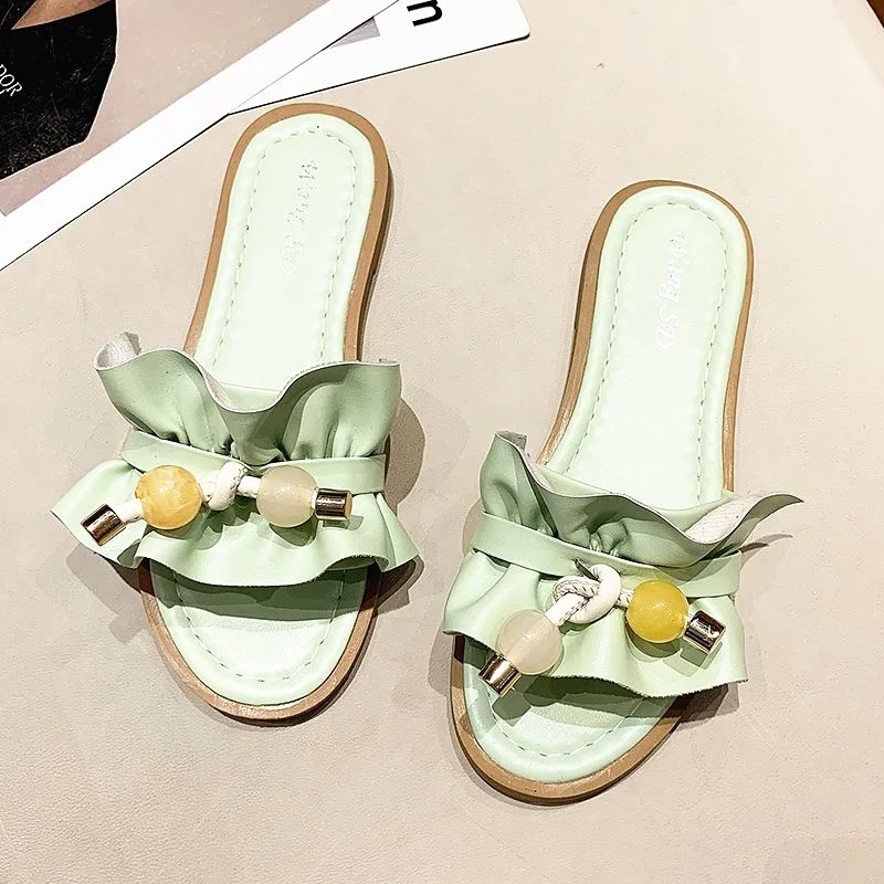 

Rubber Slippers Female Shoes Slides Summer Clogs Woman Low Fashion 2021 Beach Luxury Sewing Hoof Heels Basic PU Fabric Slippers