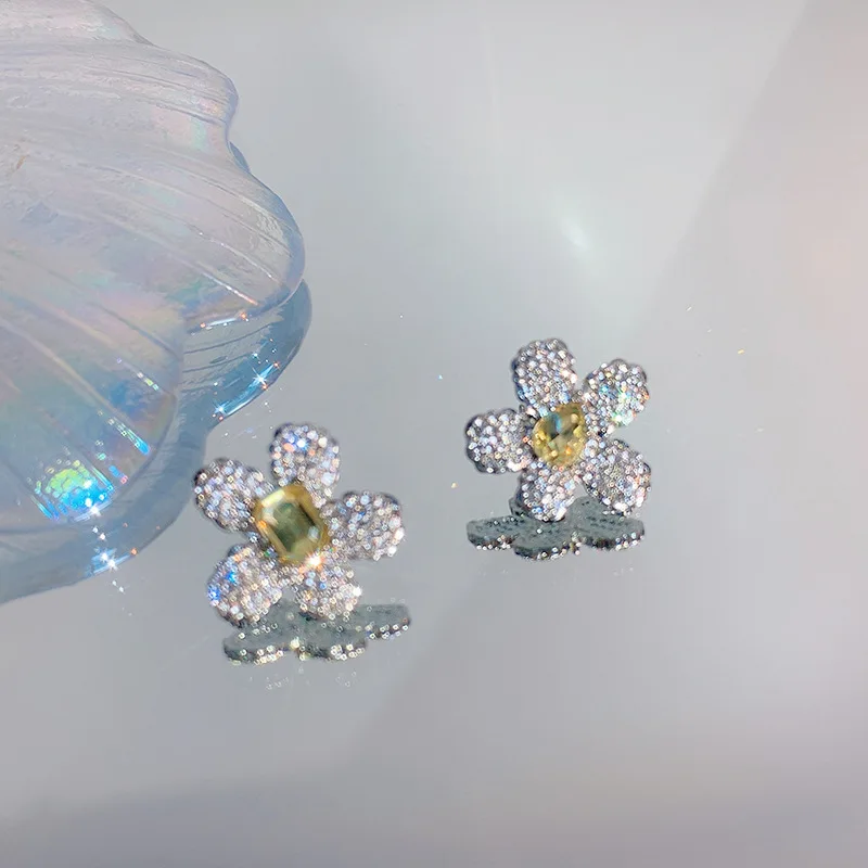 

LOVOACC Dainty Cute Full Bling CZ Zirconia Flowers Pendant Earrings for Women Girls Yellow Color Crystal Earrings Accessories