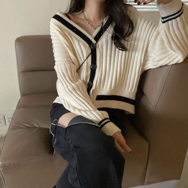 

Sweaters Cardigan Women V-neck Patchwork Slim Knitted Single Breasted Outwear All Match Leisure Trendy Gentle Japanese Style