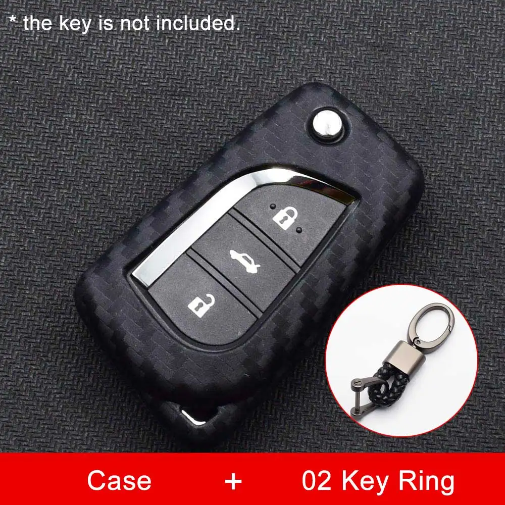 Case and 02 Key Ring Карбоновый силиконовый чехол для ключей от машины для Toyota Yaris Reiz Carola Rav4 2 3 кнопки складной пульт дистанционного управления брелок Защитная крышка брелок держатель сумка - Название цвета: Case and 02 Key Ring