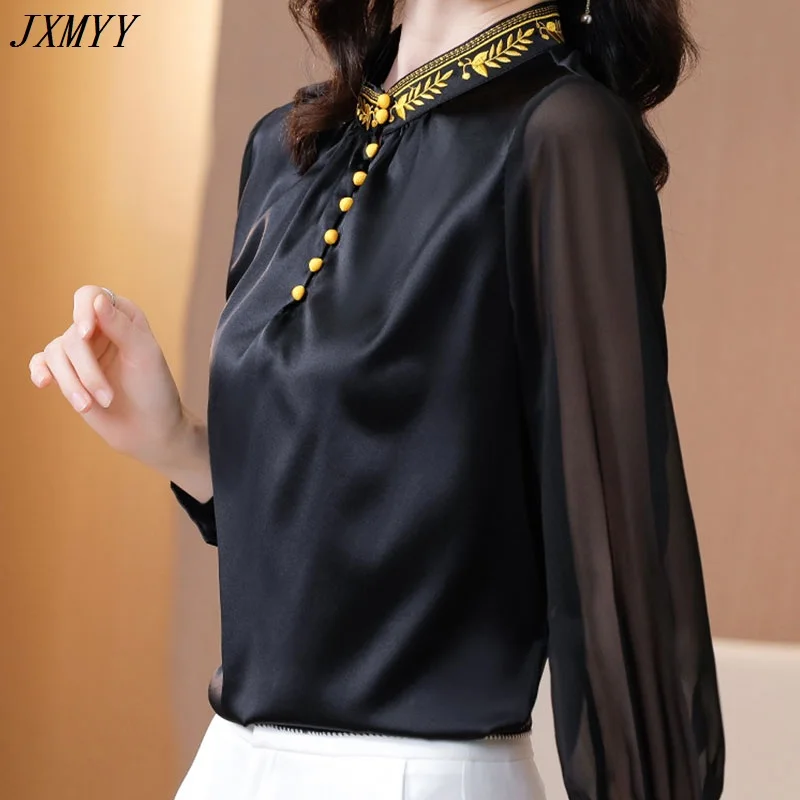 Рубашка JXMYYY Женская атласная шелковая с длинным рукавом блузка вышивкой и