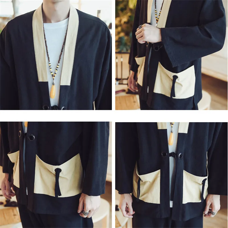 Мужское льняное кимоно JDDTON Свободное длинное пальто в японском стиле винтажная