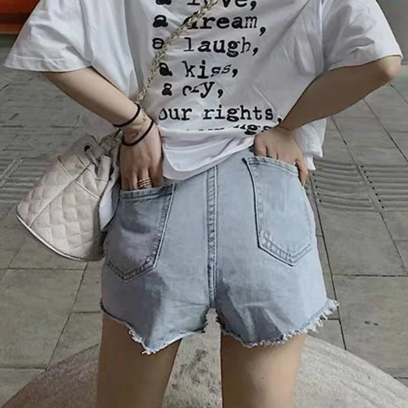 

Shorts Women Denim High-waist Buttons Pockets Fur-line Tassel Students Womens Ulzzang Hot Summer Washed A-line All-match Chic