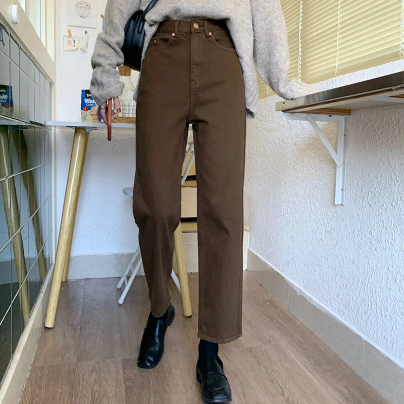 

2021 autumn New Brown Straight Denim Vintage Slender Office Lady Jeans Women Trousers High Waist Large Size Pants Female KZ703