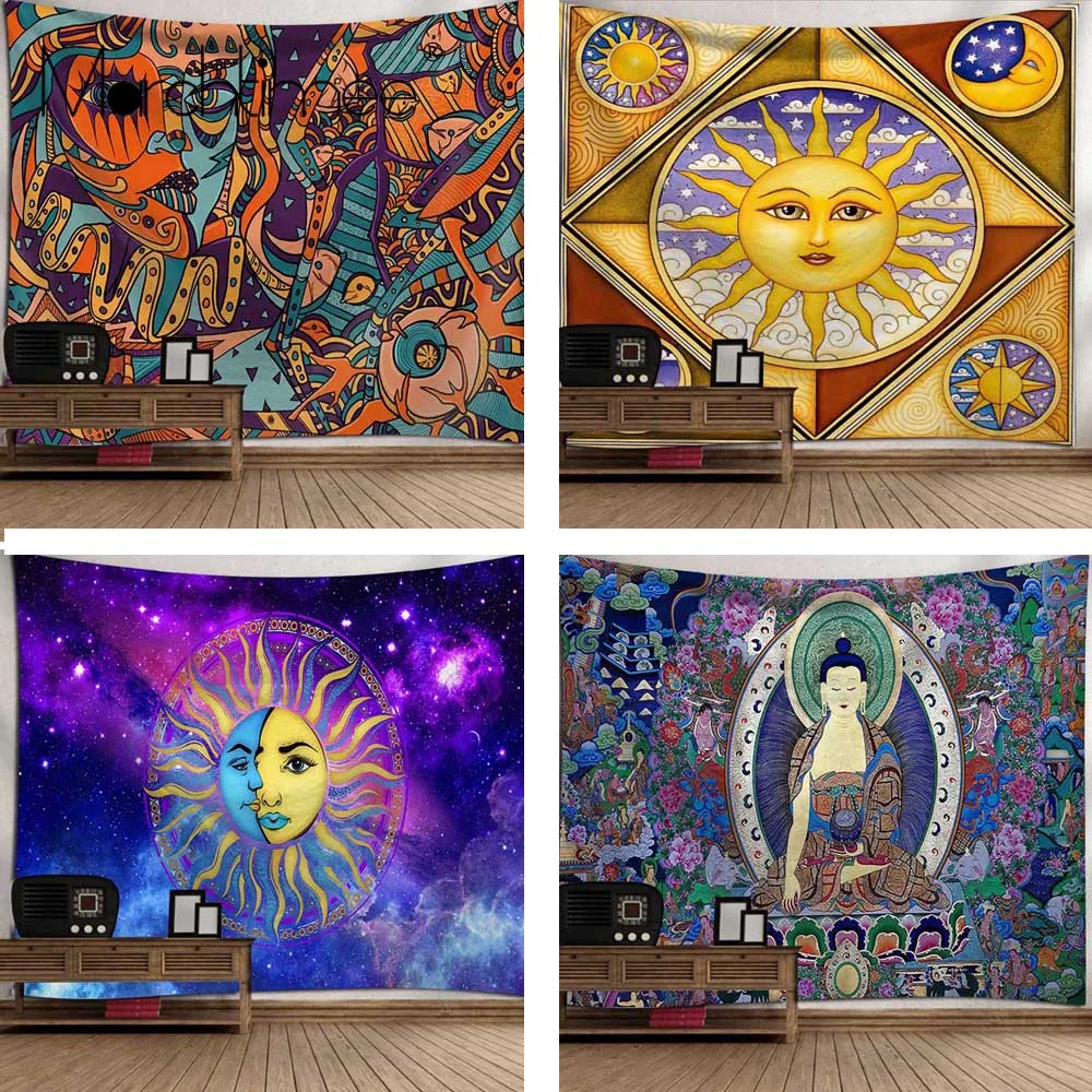 

Psychedelic Sun Moon Tapestry Wall Hanging Celestial Hippie Mandala Buddha Statue Demon Tapestries Wall Carpets Dorm Decor