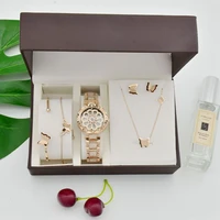 women 360 degree rotation watches luxury rose gold steel titanium necklace earrings bracelet anklet set girls exquisite present