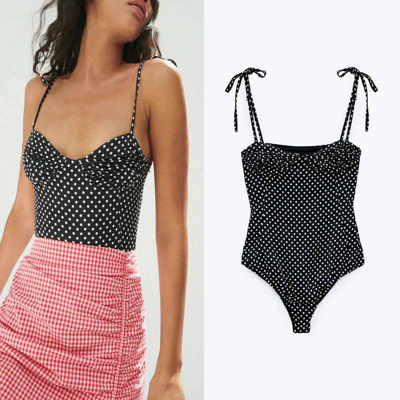 

Summer polka print female bodysuit za 2021 sexy tied strap Bottom Button bodycon fashion beach draped chest black woman Swimsuit