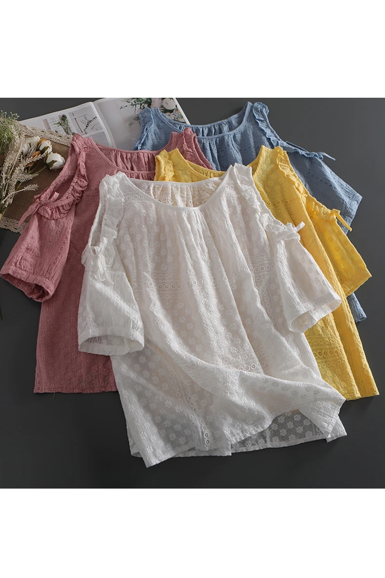 

Bare shoulder pullover top shirt women solid embroidery Flower top Short sleeve summer casual wear