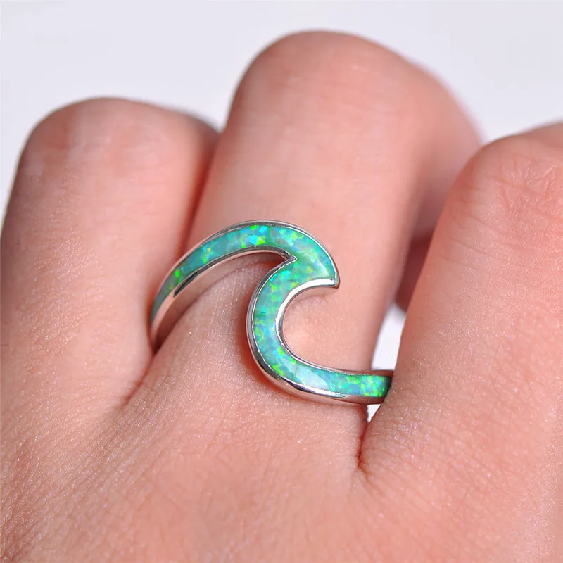 I & FDLK  Top Quality Male Female Rainbow Fire Opal Wave Rings For Women Men Silver Color Blue/Green Opals Ring Gift images - 6