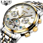 Часы наручные LIGE Мужские автоматические, брендовые роскошные механические деловые золотистые с подвеской, 2022